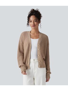 Halara V Neck Long Sleeve Sweater Knit Casual Cardigan Irish Cream Size XL
